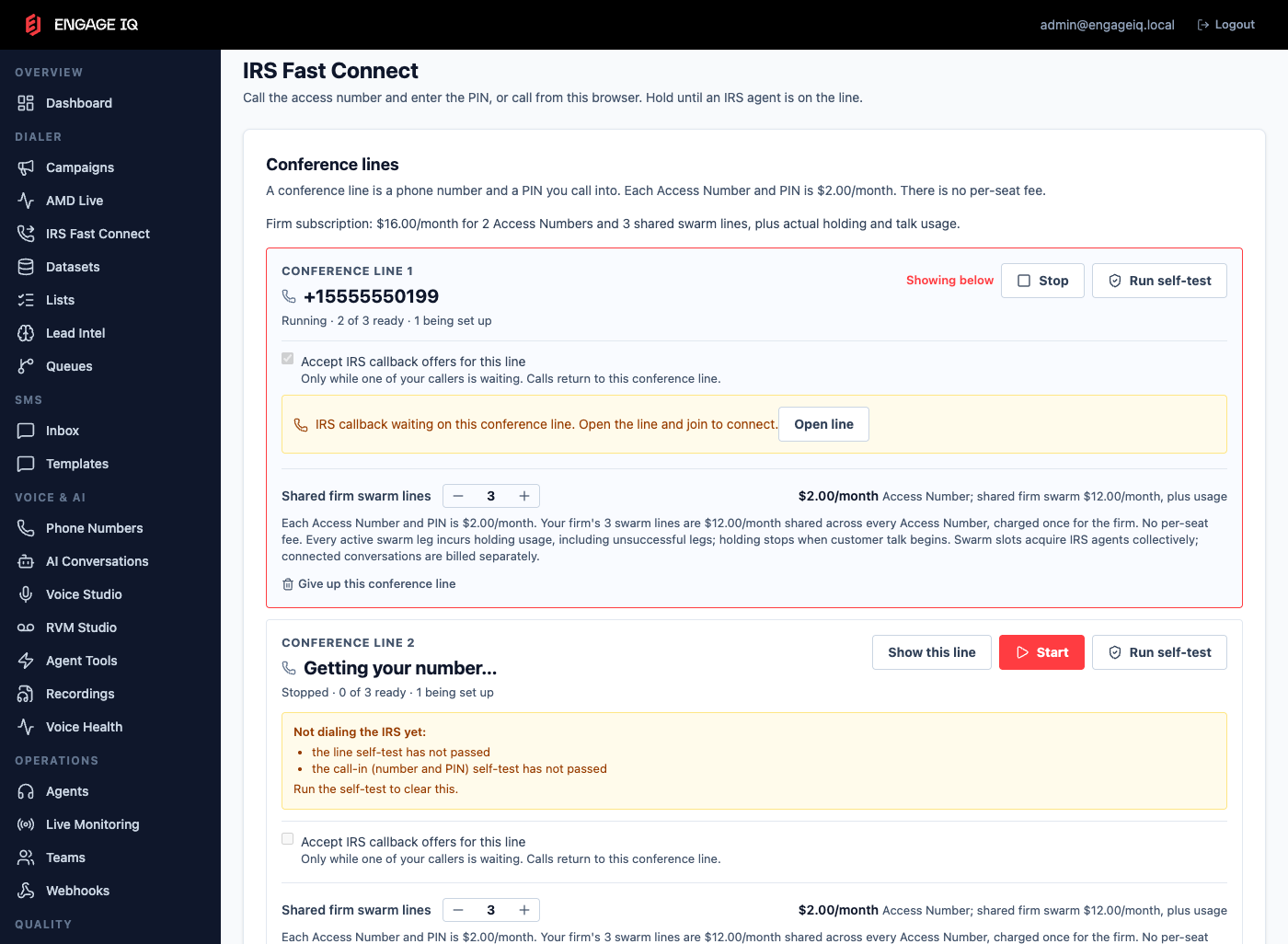 IRS Fast Connect console: conference lines with a call-in number and PIN, IRS lines at once, $2.00 per month per number