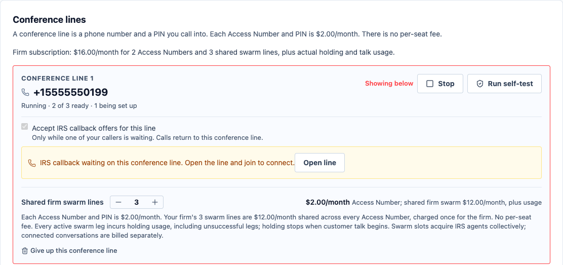 Conference lines in the IRS Fast Connect console, showing Access Number subscriptions and shared firm swarm capacity